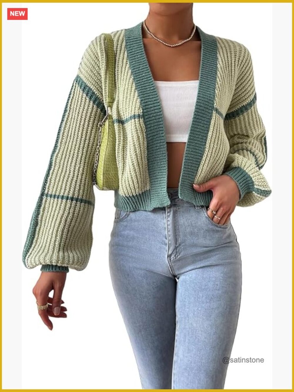 Color Block Crop Cardigan Top Bishop Long Sleeve Striped Open Front Sweater